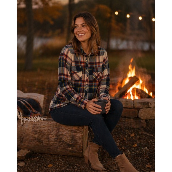 RNB Tops - RNB Flannel Button Front Shirt Womens Small Multicolor Plaid Rayon Bonfire Fall